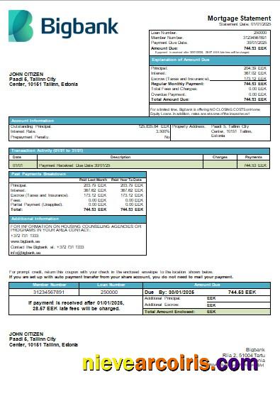 Estonia Bigbank bank mortgage statement